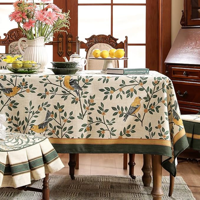 patdrea Designer Green French Linen Long Rectangular Tablecloth,Vintage Durable Floral Table Cloth,Decorative Table Cover for Kitchen Dining,Parties,Party,Christmas,Thanksgiving,63"x94"-Warbler