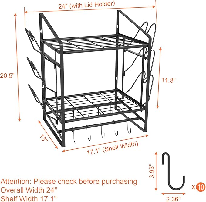 VyGrow 17 Inch Pot Rack Wall Mounted, 2 Tier Pots and Pans Organizer with 10 Hooks and 6 Pot Lid Holders, Heavy Duty Steel Pot and Pan Hanger for Kitchen Cookware Utensils Storage 24" Lx13 Wx20.5 H