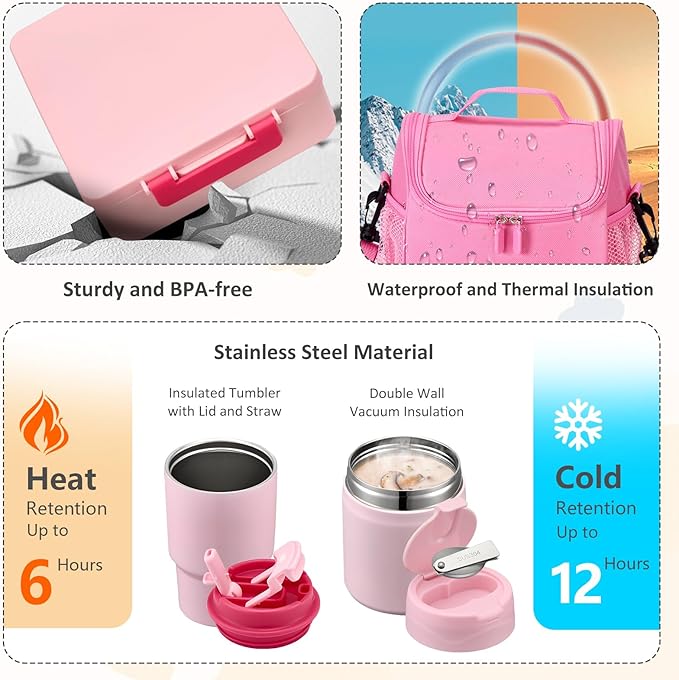 Pawtong Lunch Box Set with Bento Box Container, 17OZ Stainless Steel Food Soup Thermo, Kids Water Bottle & Portable Insulated Lunch Bag – Leakproof, Hot/Cold Retention for School, Travel(Pink)