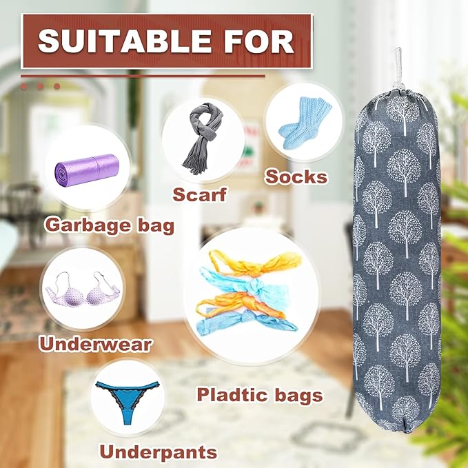 Plastic Bag Holder,Wall Mount Plastic Bag Organizer,Washable Large Grocery Bag Storage Dispenser,Shopping Bags Carrier for Home Kitchen Travelling,Free Adjustment with Drawstring,Banyan tree, 22x9"