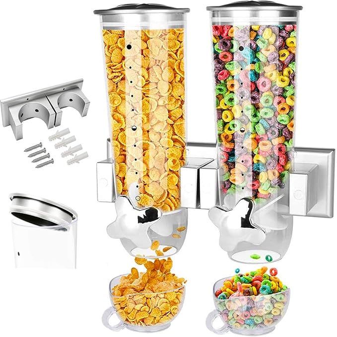 Milky House Food Dispensers Wall Mount, 2 Pack Dry Cereal Dispenser, Convenient Storage Dual Control for Cereal Nuts, Coffee Beans Trail Mix Candy Oatmeal Rice Pasta Candy Container, Cereals Bank 3L