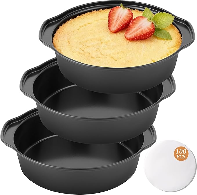 BEWOS 6 Inch Cake Pan Set - 3 Pcs Carbon Steel Round Cake Pans with 100 Pcs Parchment Paper, Round Cake Pans, Nonstick Baking Pans Set with Handle, Dishwasher Safe
