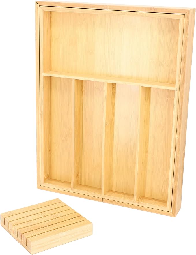 Elama Bamboo Wood Expandable Drawer Organizer Tray, Utensil Storage, Desk Drawer Storage (Expandable Tray)