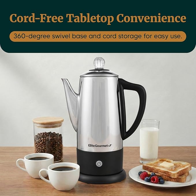 Elite Gourmet EC812 Electric 12-Cup Coffee Percolator with Keep Warm, Clear Brew Progress Knob Cool-Touch Handle Cord-less Serve, Stainless Steel