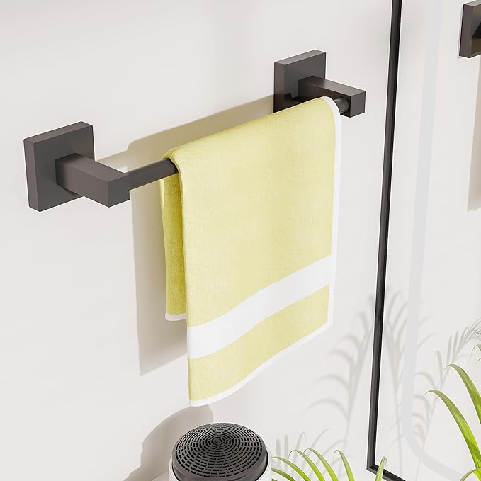 Ruacq Hand Towel Holder Towel Ring Black Center to Center 10inch Towel Bars Square Matte Black Bathroom Stainless Steel and Zinc Alloy Modern Wall Mounted Total Length 12 inch