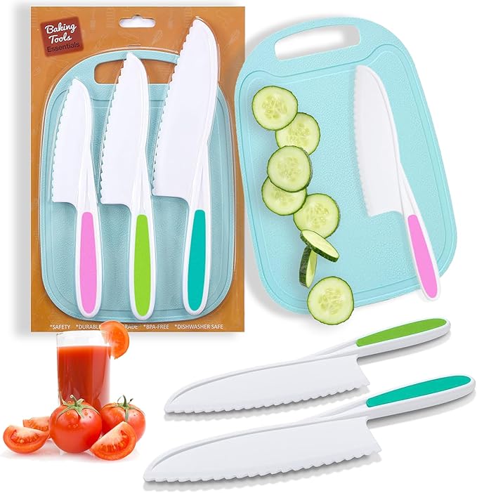 Kids Knife Set for Real Cooking, 4 Pieces Toddler Knife Set, Nylon Kitchen Baking Knife with Cutting Board, Firm Grip, Serrated Edges Kids Knives for Cutting Cakes, Fruit, Veggies & Bread