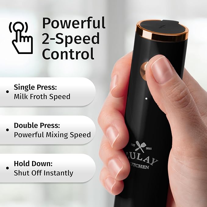 Zulay Kitchen Lux Electric Milk Frother Rechargeable Handheld - Powerful 2-Speed Motor, Waterproof, 2000mAh Battery - Lux Coffee Frother for Protein Powder, Drink Mixer Wand & Matcha Mixer