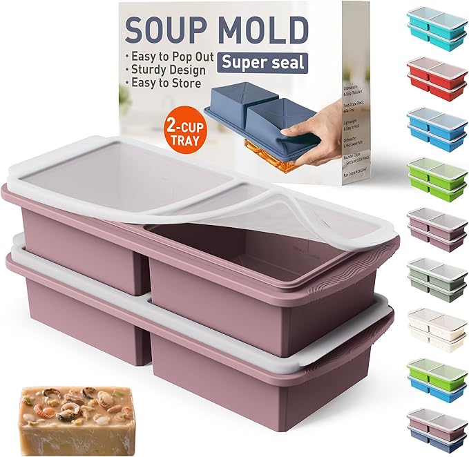 Silicone Freezer Tray with Lid Soup Freezer Container Molds with Steel Reinforced Rim Large Ice Cube Tray Makes 4 Perfect 2 Cup Portions Cubes Storage Food Meal Prep Containers Cookware 2 Pack