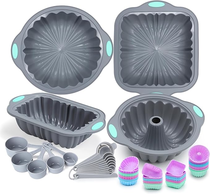 To encounter 69 Pieces Silicone Baking Set, Non-Stick Bakeware Set with Cake Pans, Muffin Cups, Food Grade Silicone Baking Molds for Cakes, Bread, Muffins, Brownies, Light Grey