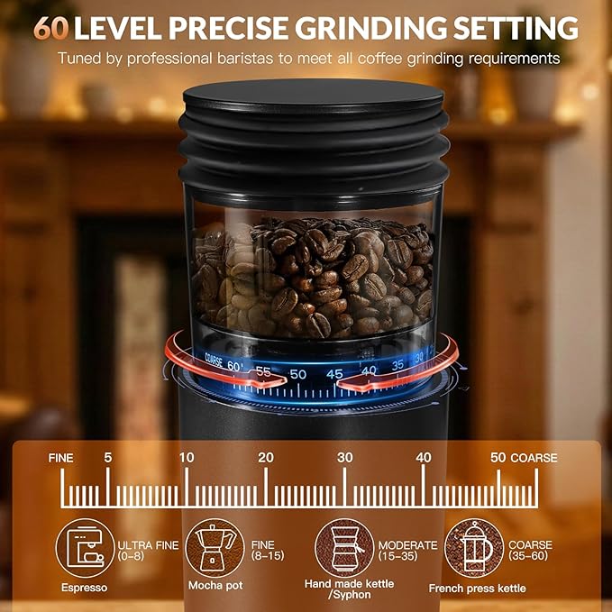 Coffee Grinder, Rechargeable Cordless Stainless Steel Conical Burr Coffee Bean Grinder with Air Blower, 60 Grind Settings, Anti-Static, Compact & Quiet for Home,Office, Camping Use, Black