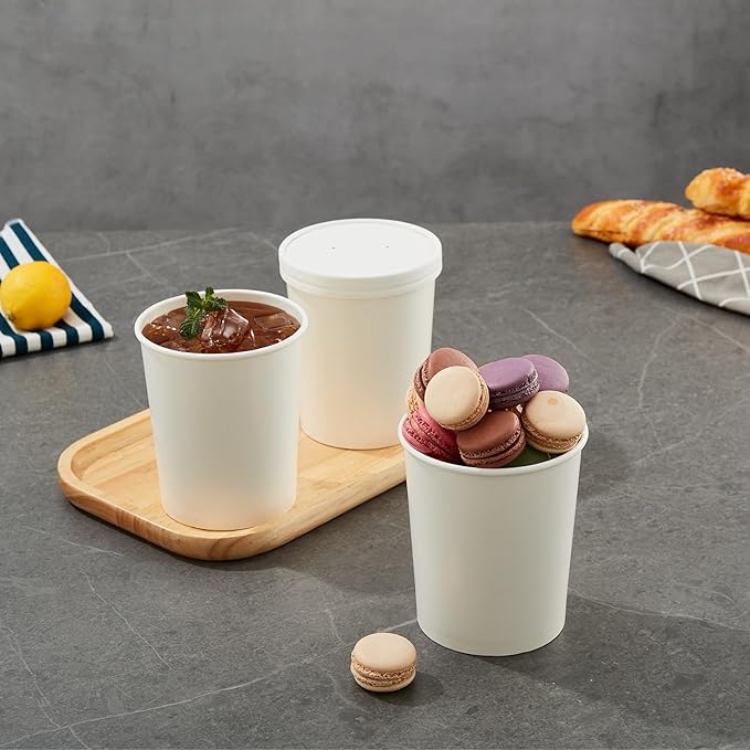JOLLY PARTY 25pack 32oz Paper Soup Containers with Lids, Disposable Food Cups, White Ice Cream Bowls, Paper food Storage with Vented Lids, for Restaurants, To-Go Lunch