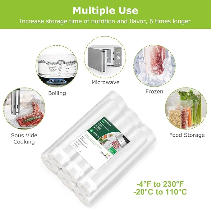 Bonsenkitchen Vacuum Sealer Rolls Bags, 6 Pack 3 Rolls 11" x 20' + 3 Rolls 8" x 20' Commercial Grade BPA Free Bag Rolls, Durable Customized Size Food Vac Bags for Storage and Sous Vide Cooking VB3211