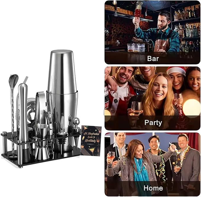 Cocktail Shaker Set, 16-Piece Boston Stainless Steel Bartender Kit with Bar Mats and Bar Set with Acrylic Stand, Professional Bar Tools for Party, Bar, Home (Include Cocktail Recipes Booklet)