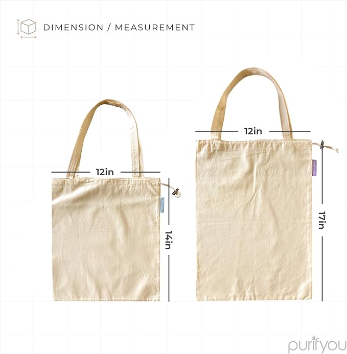 purifyou Set of 9 Mini Tote Bags with Drawstring, Reusable Organic Cotton Canvas Bags for Grocery Shopping, Dry Goods, Beach Essentials, Storage, and Travel, Washable (Large, XL)