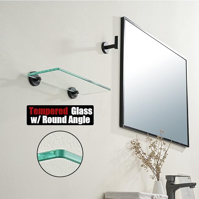 JQK Bathroom Glass Shelf Black, Tempered Glass Shower Storage 12 by 5 inches, 304 Stainless Steel Matte Black Wall Mount 2 Pack, TGS101L12-PB-P2