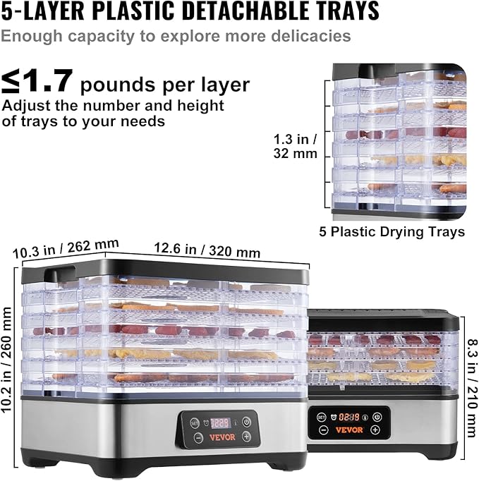 VEVOR Food Dehydrator Machine, 5-Tray Fruit Dehydrator, 300W Electric Food Dryer w/Digital Adjustable Timer & Temperature for Jerky, Herb, Meat, Beef, Fruit, Dog Treats and Vegetables, ETL Listed