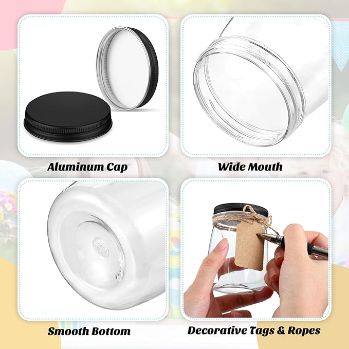 Nitial 50 Pack 5 oz Plastic Jars with Lids Bulk Yogurt Containers with Lids Gift Jars with DIY Craft Twine and Labels Gifts for Birthday Wedding Halloween Christmas Party Favor(Black,Aluminum Lid)