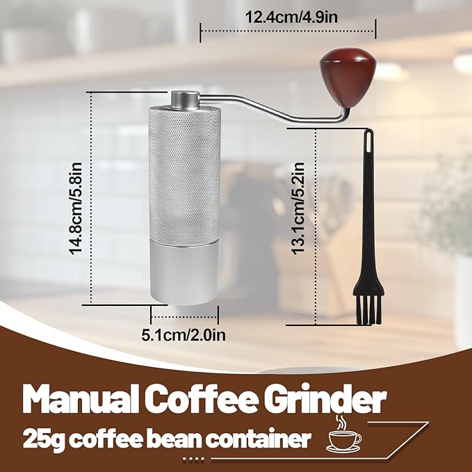 Manual Coffee Grinder Gift Box Non-Detachable Stainless Steel Conical Burr Aluminum Coffee Bean Grinder with 25 Grinding Settings Cleaning Brush Grindable Espresso Moka Pot for Camping Silver