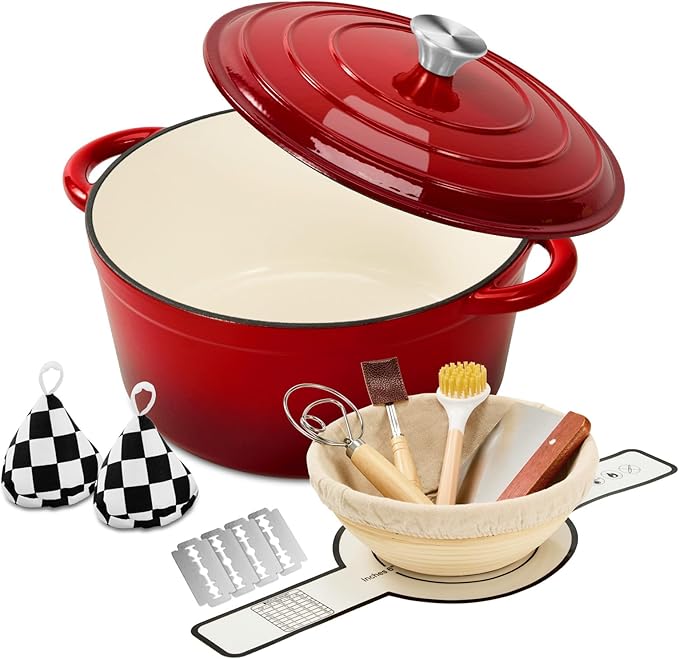 Enameled Cast Iron Dutch Oven with Lid -6.5 QT, incl. Sourdough Bread-Baking Supplies like Banneton Proofing Basket, Heavy Duty Cookware Bread-Oven for Baking, Stews, and Roasting, cherry red