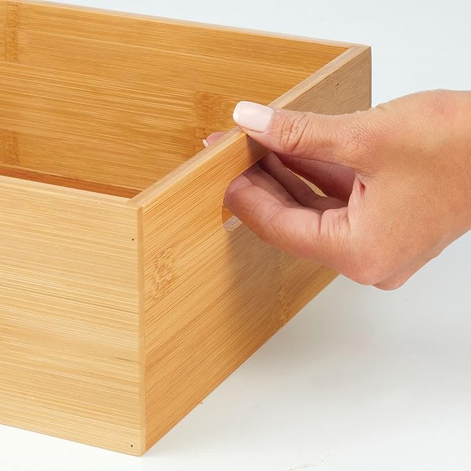mDesign Kitchen Storage Box - Large Wooden Box with Handles - Bamboo Kitchen Utensil Storage Box - 12" x 9" x 4" - Set of 2 - Nature