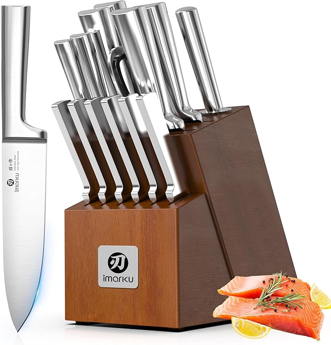 imarku 15-Piece Knife Block Set Built-in Sharpener, Japanese High Carbon Stainless Steel Kitchen Knife Set, Dishwasher Safe, Chef Knife Set with Wooden Knife Block, Steak Knives for Kitchen Cooking