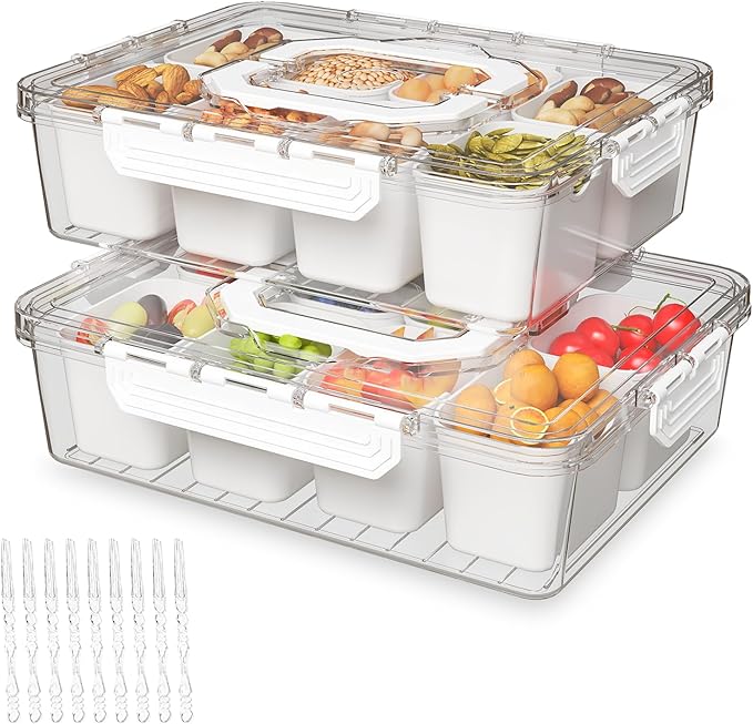 REBECAT Divided Serving Tray with Lid and Handles 8 Compartments Snack Box Container Charcuterie Organizer Snackle Box Container for Candy,Nuts，Fruits,Snacks,2 Pack,White