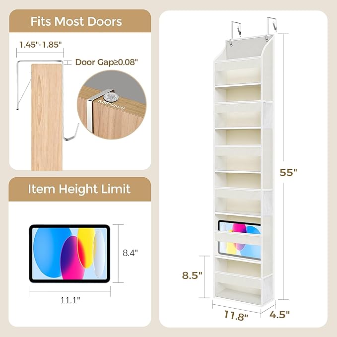 Narrow 6 Tiers Over the Door Hanging Organizer with 6 Mesh Pockets, 11.8” Wide for Narrow Cabinet Doors, French Doors in the Bathroom, Closet, RV, 1-Pack