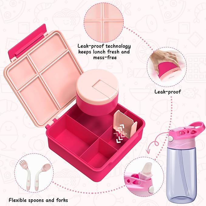 Kids Bento Lunch Box with 4 Compartments, Insulated lunch Bag, Water Bottle, Stainless Steel Food Jar, Birthday Gifts for Ages 3-12 Back to School Toddler Girls Boys