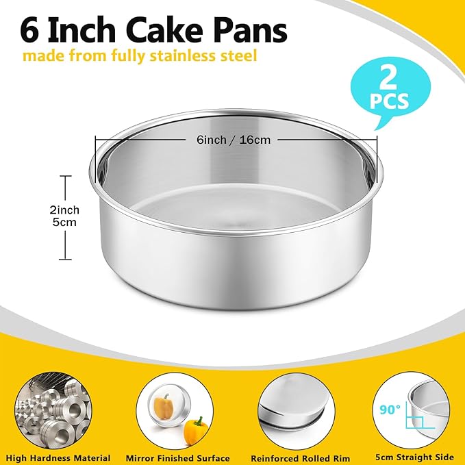 P&P CHEF 6 Inch Cake Pan Set of 2, Stainless Steel Round Baking Layer Cake Pans, Non Toxic & Healthy, Leak-proof & Easy Clean, Mirror Finish & Easy Releasing, Oven & Dishwasher Safe