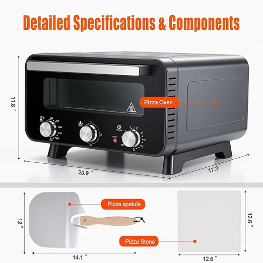 OLIXIS Pizza Oven Indoor, 1600W Electric Pizza Oven Fast Heating, 4 Modes Pizza Maker for 12 Inches, with Pizza Stone & Spatula, Upper-Bottom Independent Heating Temperature Control