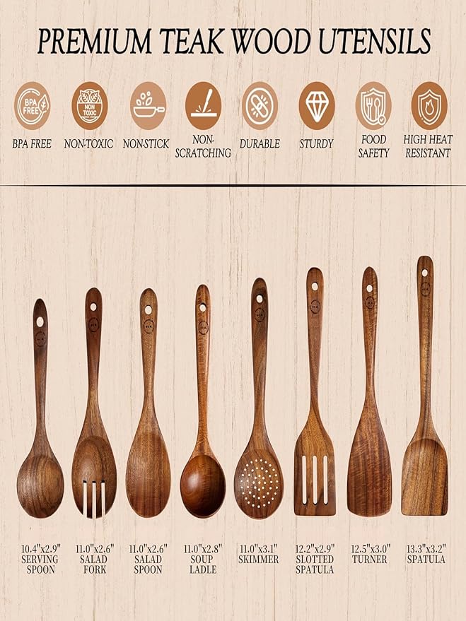 Natural Teak Wood Kitchen Utensil Set - 8 Piece Non-Stick Cooking Spoons & Spatulas, Heat Resistant & Eco-Friendly, Durable Wooden Tools for Nonstick Cookware