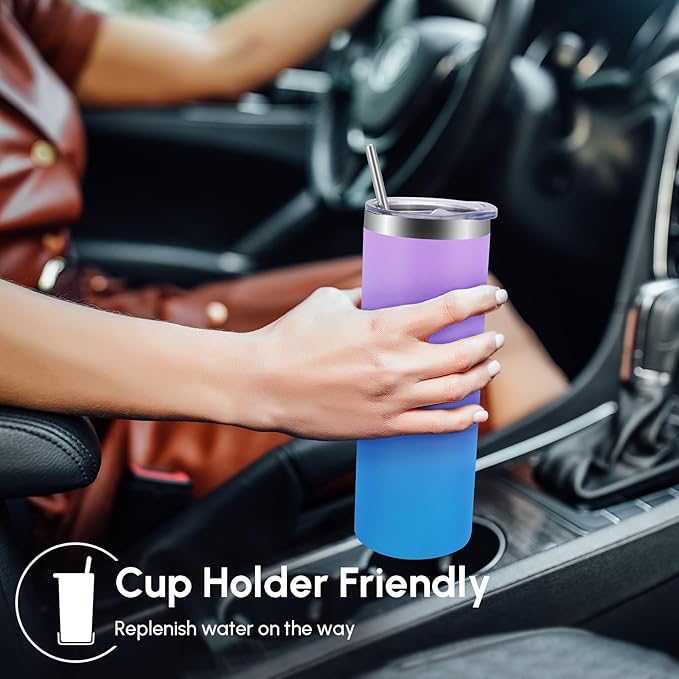 Volhoply 4 Pack Skinny Tumblers with Lid and Straw, 20oz Stainless Steel Straight Tumbler Bulk, Vacuum Insulated Coffee Mug for Home, Office, Travel, DIY (Lavender,4 Pack)