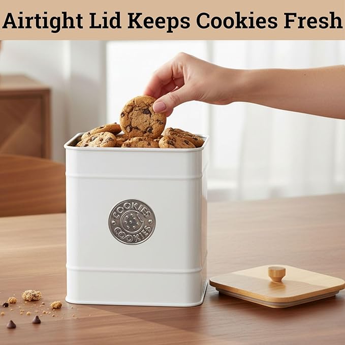 Cookie Jar with Airtight Lid - 1 Gallon - 6"D x 8"H White Iron Cookie Tin with Bamboo Lid - Large Cookie Jars with Lids Airtight - Farmhouse Cookie Jars for Kitchen Counter Decorative - Cookies Jar