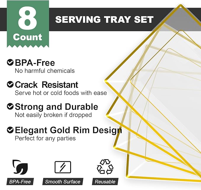 FOCUSLINE 8 PCS Plastic Serving Trays for Party, Clear and Gold Rim Serving Platters and Trays, Premium Plastic Fruit Tray, Disposable Platters for Cupcake, Dessert, Appetizers