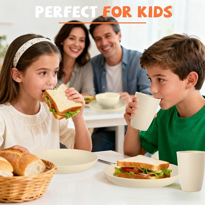 Kitchen Wheat Straw Dinnerware Sets for 4, Unbreakable Kids Dish Set 20 PCS - Dinner Plate/Cereal Bowl/Cup/Fork/Spoon, for Outdoor Camping, RV, Apartment Essentials - Beige