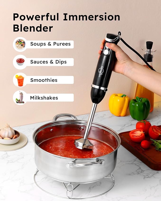 Sangcon Immersion Blender Handheld, 3-in-1 Hand Blender Electric, 400W Handheld Licuadora de mano, Stainless Steel Blade Stick Mixer with Whisk, Milk Frother Attachments - Black