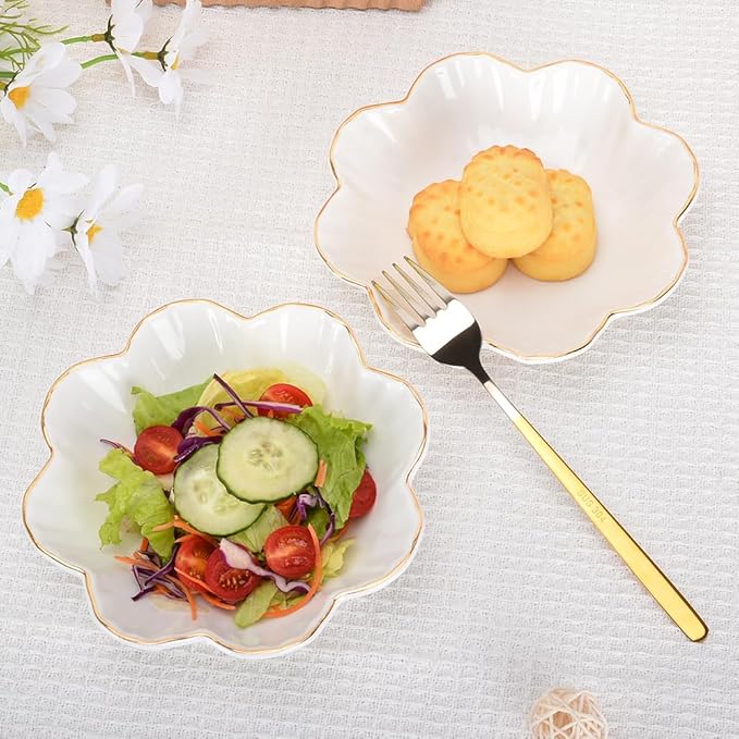Porcelain Serving Dish,Ceramics Flower Relish Tray with Metallic Rim,Serving Bowls for Wedding,Party Perfect for Small Cereal, Pasta, Salad, Candy and Snacks White 6.6 inch (2pc-6.6 inch)