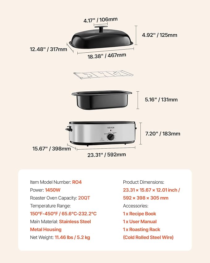 VEVOR Roaster Oven, 20QT Electric Roasting Pan, 150-450℉ Adjustable Temperature Fast-Cooking Turkey Roaster, Turkey Oven with Self-Basting Lid, Defrost & Warm Function for Home, Fits 24lb Turkey