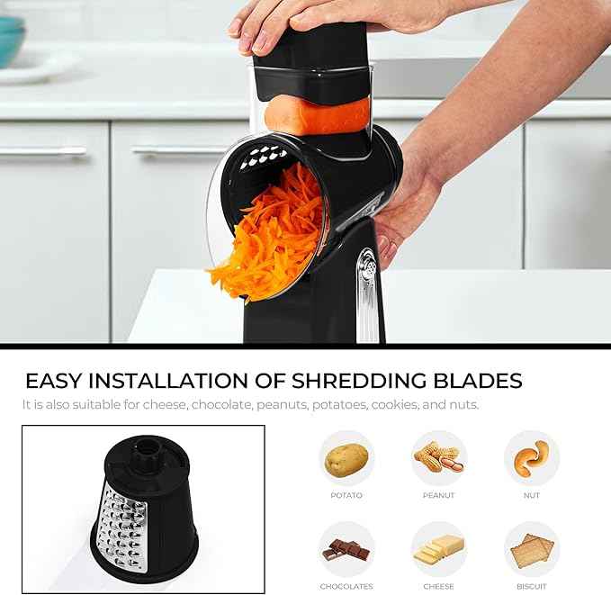 SUSTEAS Rotary Cheese Grater with Handle - Vegetable Shredder with 5 Well-designed Blades & Strong Suction Base,Round Mandoline Slicer & Food Chopper for Kitchen,with Blade Storage Box(Black)