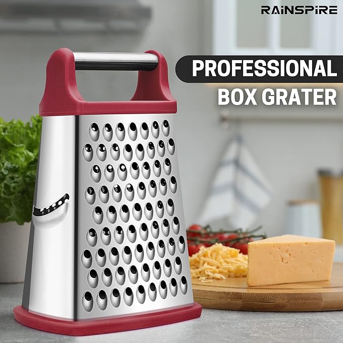Rainspire Professional Box Grater, Cheese Grater Box for Kitchen Stainless Steel with 4 Sides, Cheese and Spice Graters with Handle for Vegetables, Ginger, Potatoes, Red