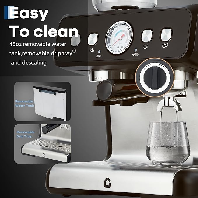 Garvee Stainless Steel Espresso Machine with Grinder & 20 Bar Pressure, 2.8L Removable Water Tank, Milk Frother Steam Wand for Latte/Cappuccino - Adjustable Shot Volume, Professional Home/Office Use
