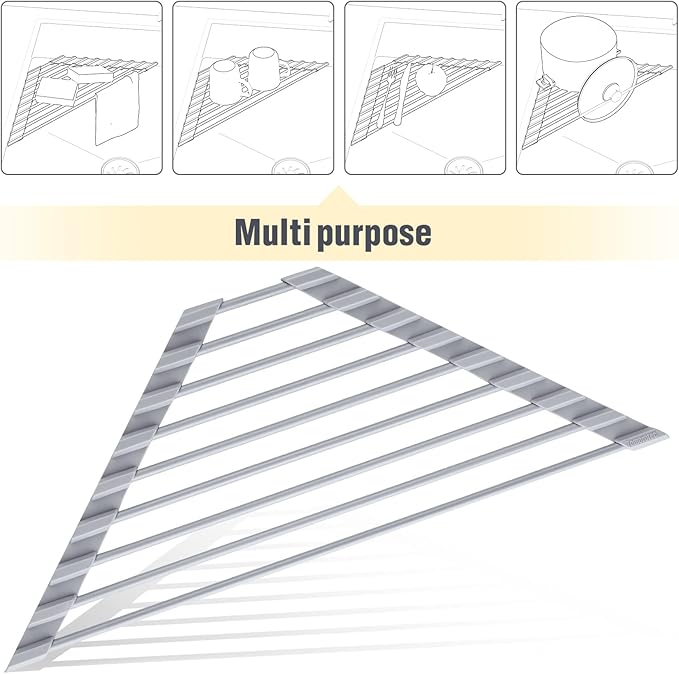 Tomorotec Triangle Roll-Up Dish Drying Rack - Small Foldable Silicone Coated for Sink Corner, Stainless Steel Over Sink Organizer, Drainer Caddy for Multipurpose Kitchen Storage (Gray)