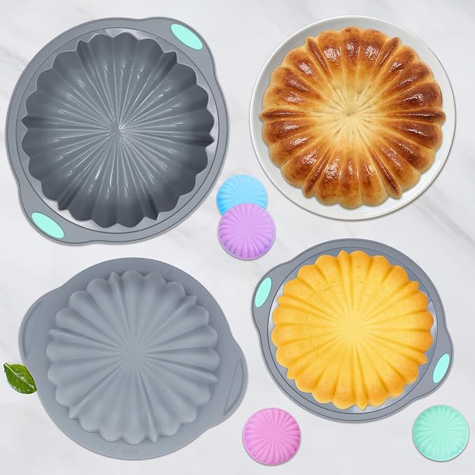 To encounter 44 Pieces Silicone Round Cake Pans Set, 3 Sizes Silicone Fluted Cake Pan Set with Reusable Baking Cups, Food Grade Baking Molds for Brownie, Bread, Muffin, Light Grey