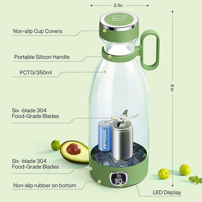 MIAOKE Portable Blender, 6 Blades Juicer Cup for Juice Shakes and Smoothies 350ml Mini Blender with Led Display Usb Rechargeable,3000Mah Rechargeable Battery, for Home Outdoors Travel-Avocado Green