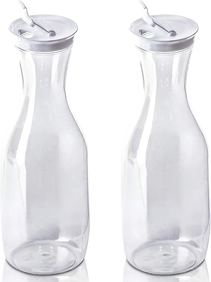 DecorRack 2 Large Water Carafes, Bottles with Flip Top Lid, 50 Oz Each, BPA-Free Plastic Juice Pitcher, Decanter, Jug, Serve Fridge Cold Iced Tea, for Outdoors, Picnic, Parties, NOT DISHWASHER SAFE