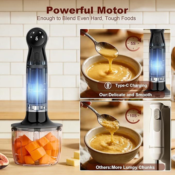 Cordless Immersion Blender Hand Blenders Set,Variable Speed 4 in 1 Stick Emulsifier with Chopper and Whisk for Soup, Baby Food and Smoothies,Black