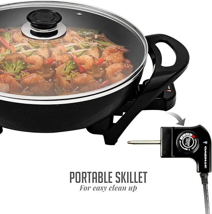 OVENTE Electric Wok with Nonstick Coating, 13 Inch Family-Sized Skillet, 1400W Power, Adjustable Temperature, Tempered Glass Lid, Cool Touch Handles and Easy to Clean Frying Surface, Black SK3113B