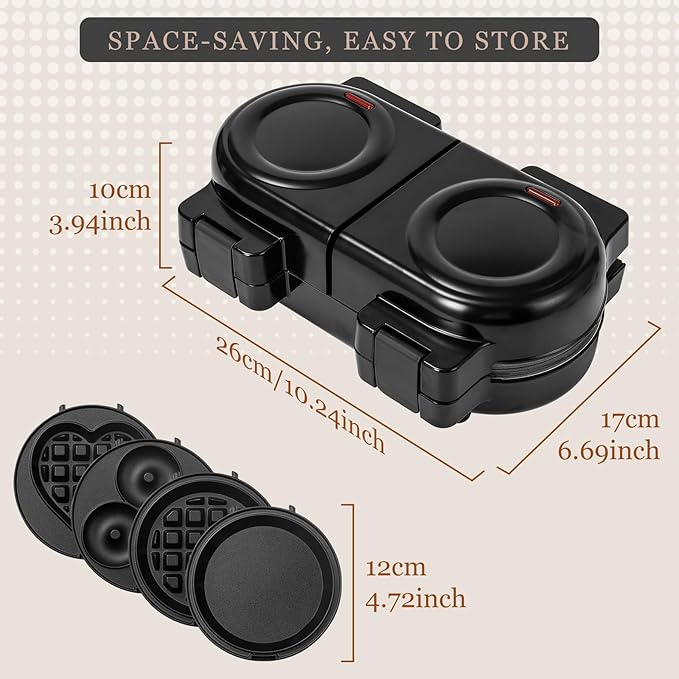UVFAST Mini Waffles Maker with 8 Removable Plates, 4 in 1 Double Small Waffle Maker Mini- Classic Waffle, Heart Waffle, Griddle, Donut, 5" Non Stick Waffle Iron for Kids and Families, Black