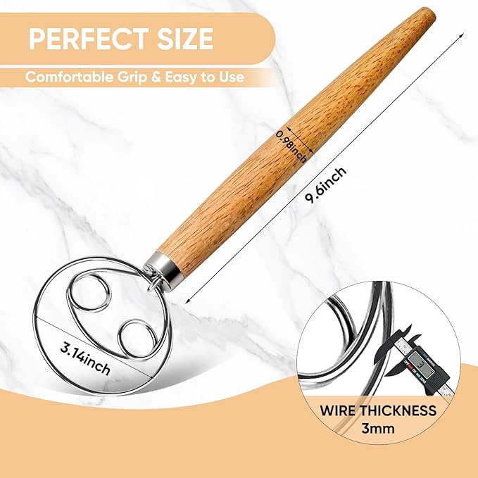 Maxjoy Danish Dough Whisk for Sourdough Bread Baking - Stainless Steel Hook with Wooden Handle