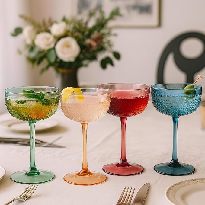 Khen Muted Hobnail Coupes Vintage Textured Pastel Style Cocktail Martini Champagne Saucer Retro Colored Glass Goblets |Set of 4 | 10.15oz Durable Glassware Decorative Barware Classic Party Drink